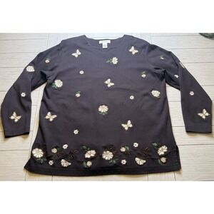 Béchamel‎ Women's Brown Embroidered Butterfly Floral VTG Top Shirt Sz L Cotton